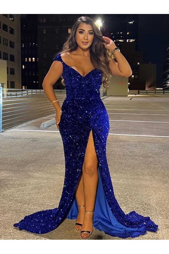 Bleu roi Fourreau Col V Balayage train Paillettes Velours Longue Robes de bal Prix Réduit