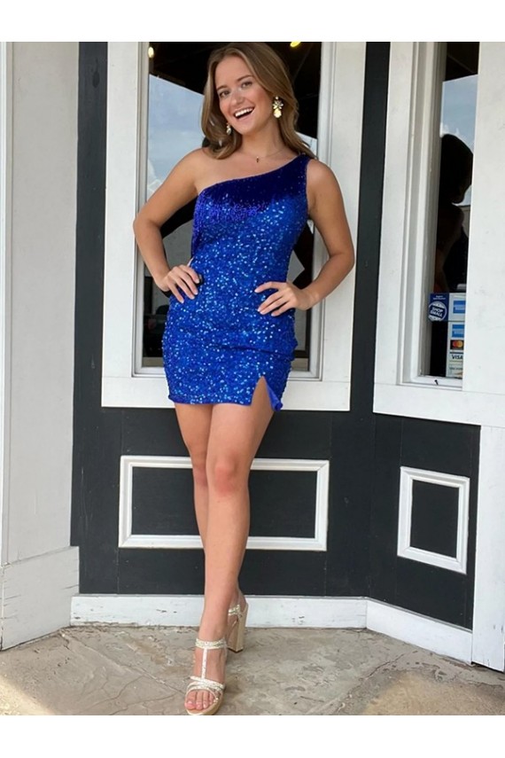 Bleu roi Fourreau Courte Paillettes Velours Courte Robes de bal Prix Réduit