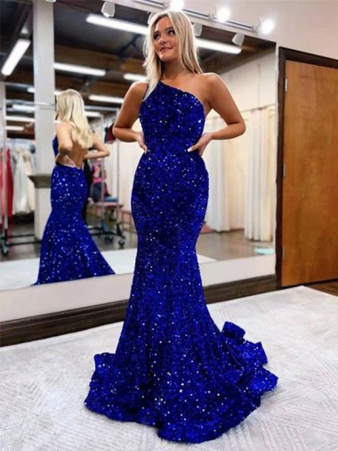 Bleu roi Sirène Balayage train Paillettes Velours Longue Robes de bal Prix Réduit