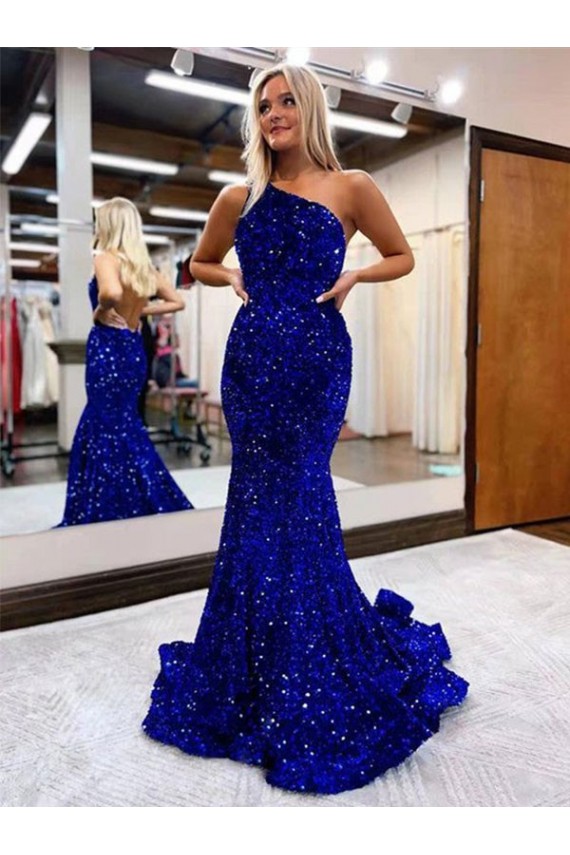 Bleu roi Sirène Balayage train Paillettes Velours Longue Robes de bal Prix Réduit