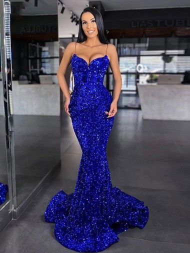 Bleu roi Sirène Bretelles spaghetti Balayage train Paillettes Velours Longue Robes de bal Prix Réduit