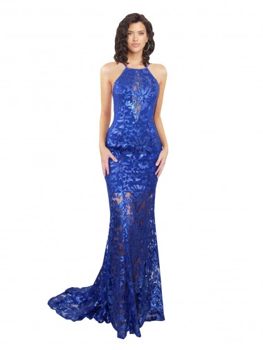 Bleu roi Sirène Col Haut Dentelle Longue Robes demoiselle d'honneur / Robes de bal Prix Réduit