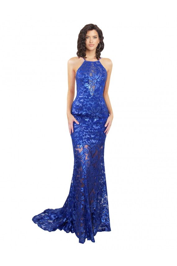 Bleu roi Sirène Col Haut Dentelle Longue Robes demoiselle d'honneur / Robes de bal Prix Réduit