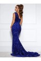 Bleu roi Sirène Traîne moyenne Paillettes Velours Longue Robes de bal Prix Réduit