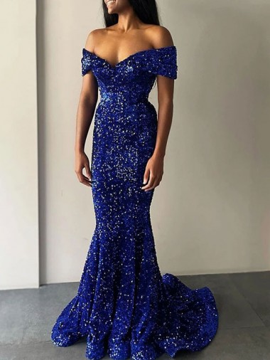 Bleu roi Sirène Épaule Dénudée Balayage train Paillettes Velours Longue Robes de bal Prix Réduit