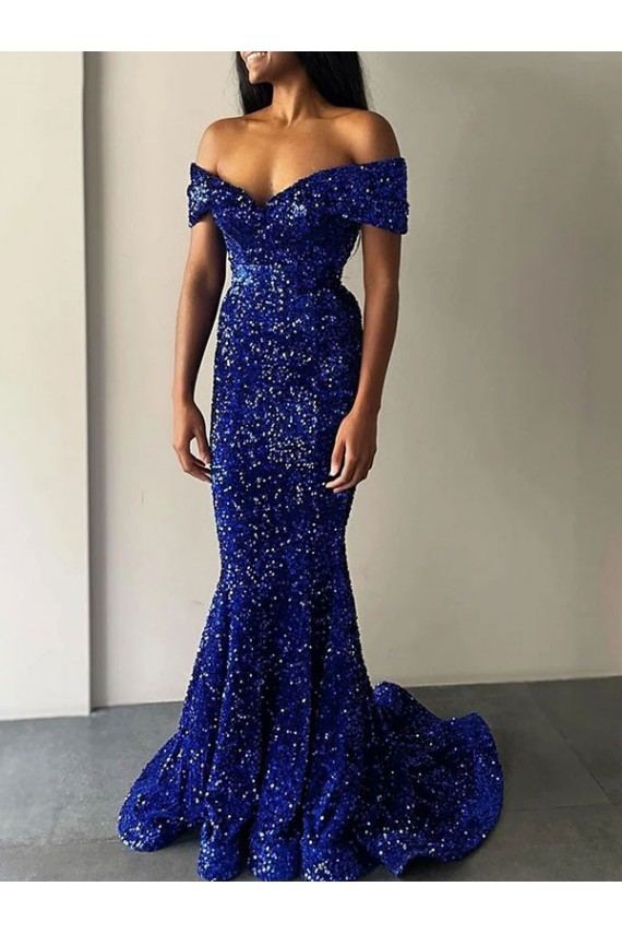 Bleu roi Sirène Épaule Dénudée Balayage train Paillettes Velours Longue Robes de bal Prix Réduit