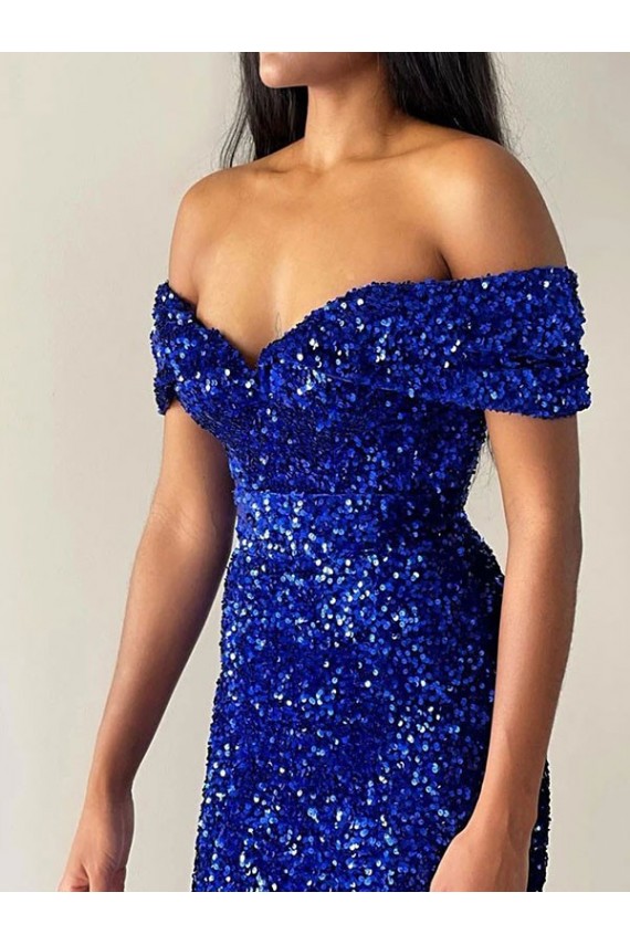 Bleu roi Sirène Épaule Dénudée Balayage train Paillettes Velours Longue Robes de bal Prix Réduit