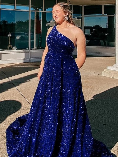 Bleu roi Trapèze Balayage train Paillettes Velours Longue Robes de bal Prix Réduit
