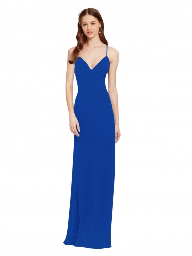 Bleu roi Trapèze Bretelles spaghetti Col V Mousseline Longue Robes demoiselle d'honneur Prix Réduit