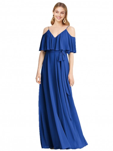 Bleu roi Trapèze Bretelles spaghetti Col V Mousseline Longue Robes demoiselle d'honneur Prix Réduit