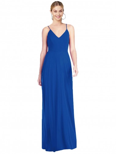 Bleu roi Trapèze Bretelles spaghetti Col V Mousseline Longue Robes demoiselle d'honneur Prix Réduit