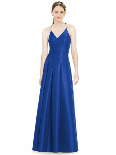 Bleu roi Trapèze Bretelles spaghetti Col V Satiné Longue Robes demoiselle d'honneur Prix Réduit