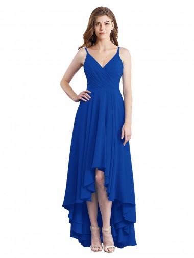 Bleu roi Trapèze Bretelles spaghetti Mousseline Longue Asymétrique Robes demoiselle d'honneur Prix Réduit
