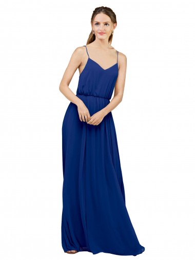 Bleu roi Trapèze Bretelles spaghetti Mousseline Longue Robes demoiselle d'honneur Prix Réduit