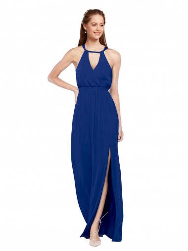 Bleu roi Trapèze Col Haut Mousseline Longue Robes demoiselle d'honneur Prix Réduit