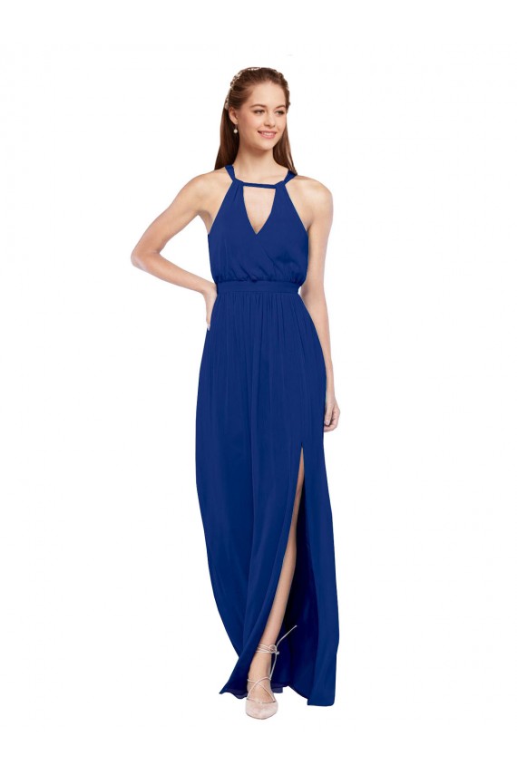 Bleu roi Trapèze Col Haut Mousseline Longue Robes demoiselle d'honneur Prix Réduit