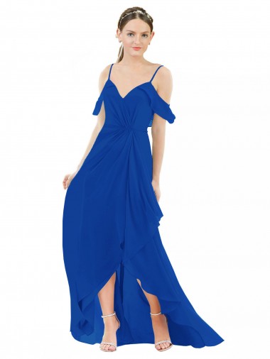Bleu roi Trapèze Col V Mousseline Longue Asymétrique Robes demoiselle d'honneur Prix Réduit