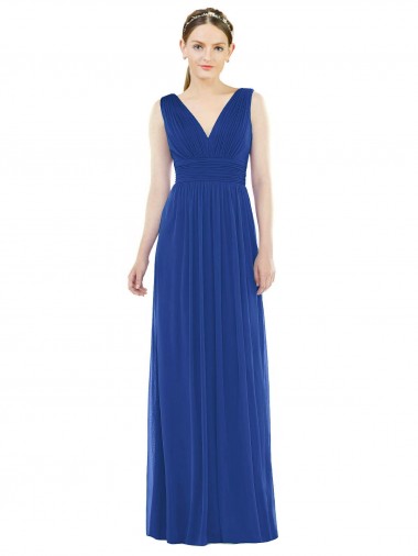 Bleu roi Trapèze Col V Mousseline Longue Robes demoiselle d'honneur Prix Réduit