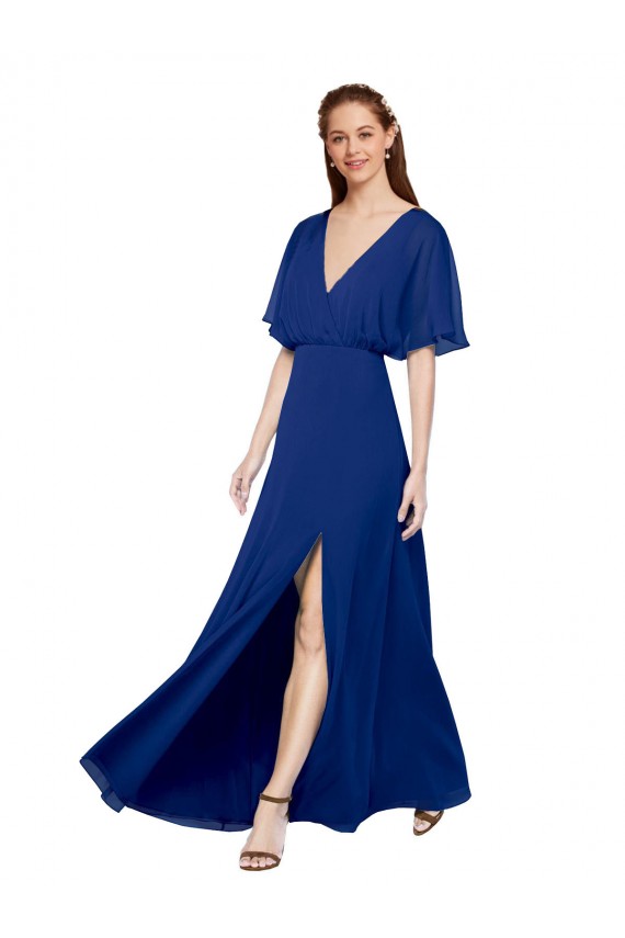 Bleu roi Trapèze Col V Mousseline Longue Robes demoiselle d'honneur Prix Réduit