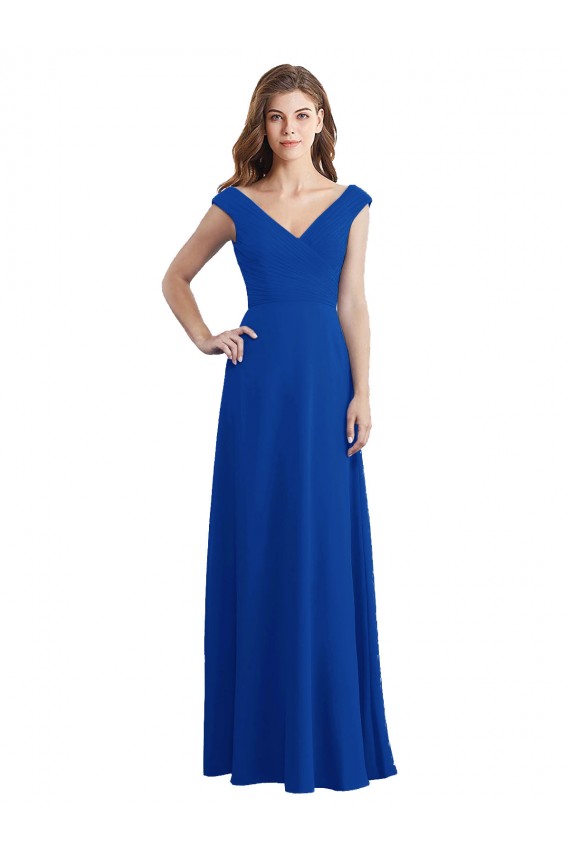 Bleu roi Trapèze Col V Mousseline Longue Robes demoiselle d'honneur Prix Réduit