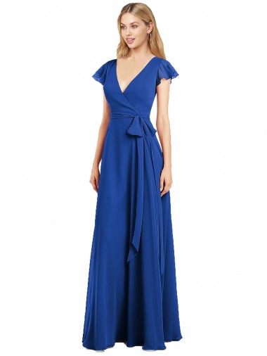 Bleu roi Trapèze Col V Mousseline Longue Robes demoiselle d'honneur Prix Réduit