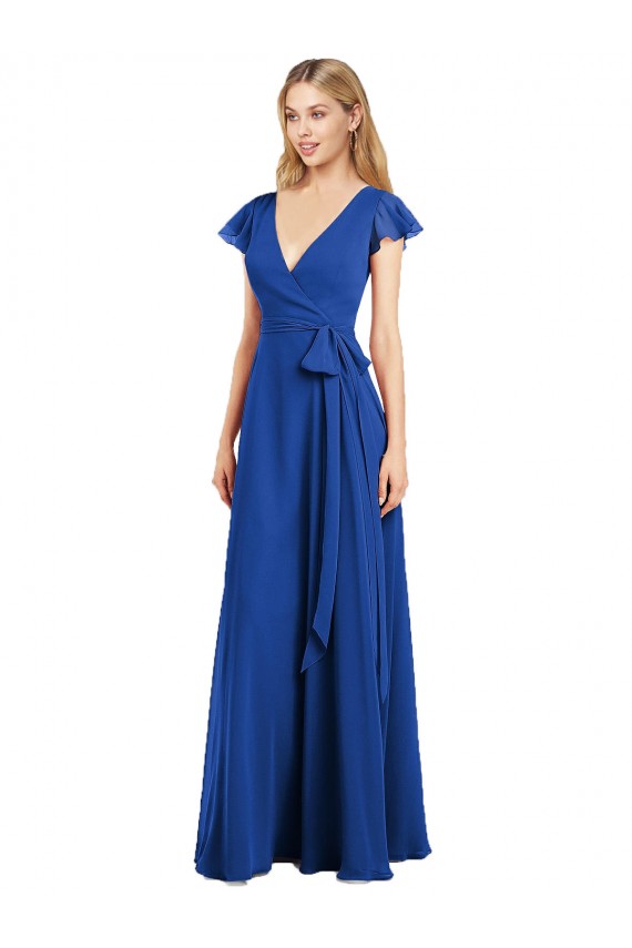 Bleu roi Trapèze Col V Mousseline Longue Robes demoiselle d'honneur Prix Réduit