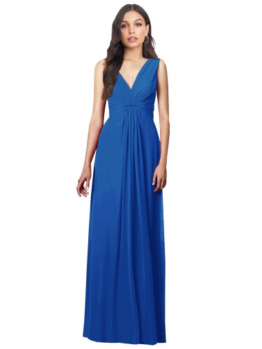 Bleu roi Trapèze Col V Mousseline Longue Robes demoiselle d'honneur Prix Réduit