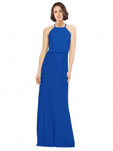 Bleu roi Trapèze Col bijou Mousseline Longue Robes demoiselle d'honneur Prix Réduit