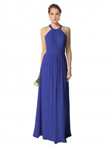 Bleu roi Trapèze Licou Mousseline Longue Robes demoiselle d'honneur Prix Réduit