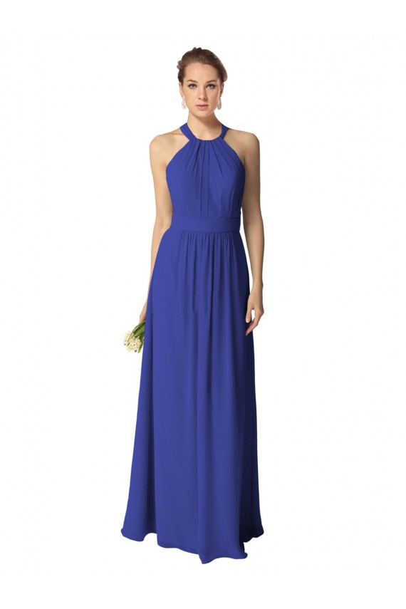 Bleu roi Trapèze Licou Mousseline Longue Robes demoiselle d'honneur Prix Réduit