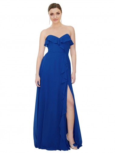 Bleu roi Trapèze Sans bretelle Mousseline Longue Robes demoiselle d'honneur Prix Réduit