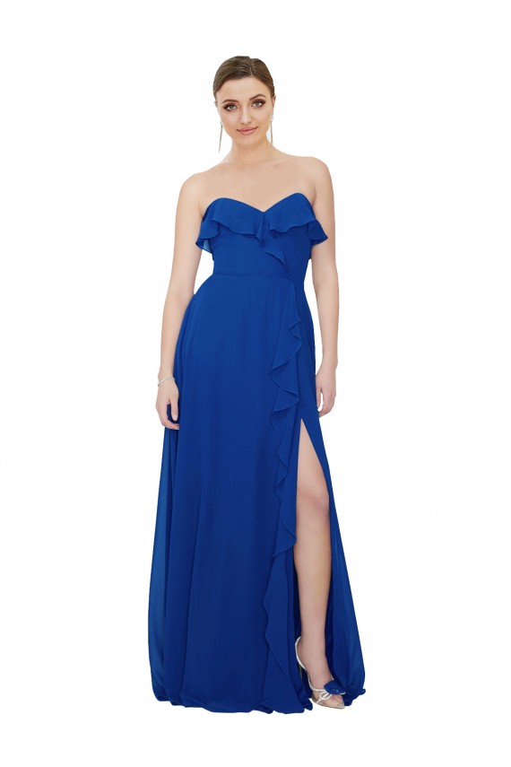Bleu roi Trapèze Sans bretelle Mousseline Longue Robes demoiselle d'honneur Prix Réduit
