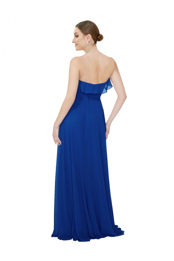 Bleu roi Trapèze Sans bretelle Mousseline Longue Robes demoiselle d'honneur Prix Réduit