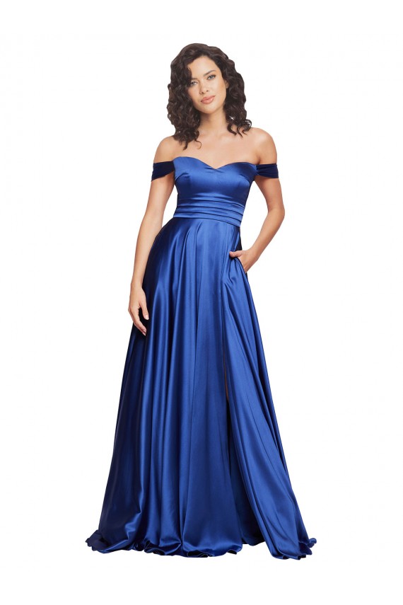 Bleu roi Trapèze Épaule Dénudée Balayage train Satiné Stretch Longue Formelles Robes demoiselle d'honneur / Robes de soirée / Robes de bal Prix Réduit