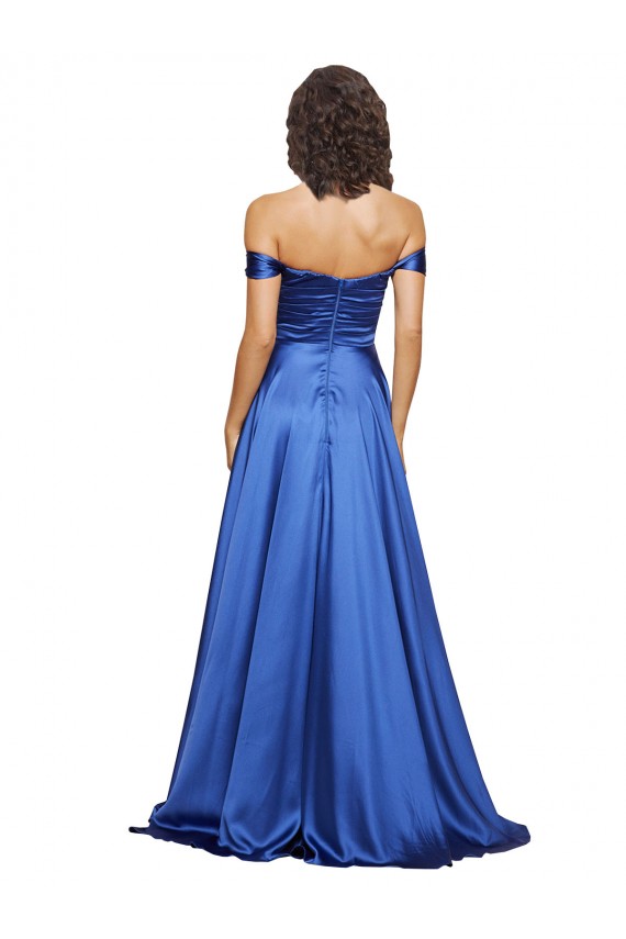 Bleu roi Trapèze Épaule Dénudée Balayage train Satiné Stretch Longue Formelles Robes demoiselle d'honneur / Robes de soirée / Robes de bal Prix Réduit