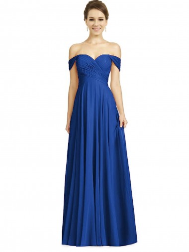 Bleu roi Trapèze Épaule Dénudée Mousseline Longue Robes demoiselle d'honneur Prix Réduit