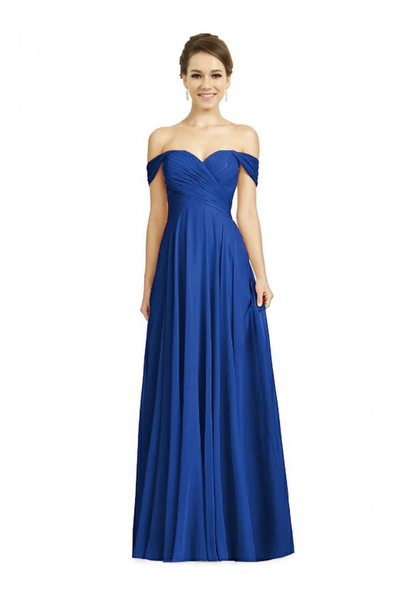 Bleu roi Trapèze Épaule Dénudée Mousseline Longue Robes demoiselle d'honneur Prix Réduit