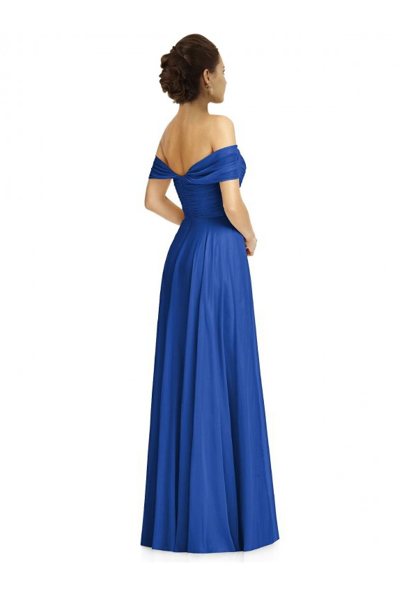 Bleu roi Trapèze Épaule Dénudée Mousseline Longue Robes demoiselle d'honneur Prix Réduit