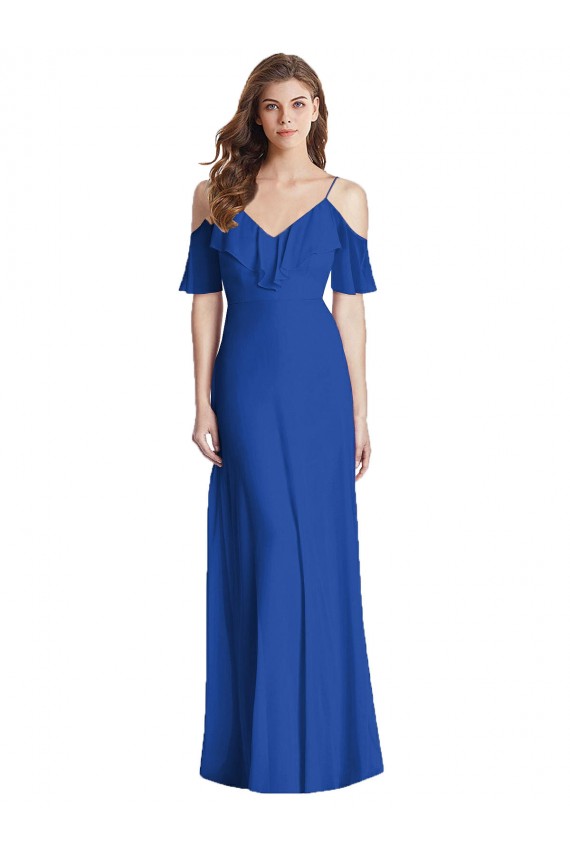 Bleu roi Trompette Bretelles spaghetti Col V Mousseline Longue Robes demoiselle d'honneur Prix Réduit