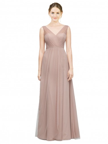 Blush Trapèze Col V Tulle Longue Robes demoiselle d'honneur Prix Réduit