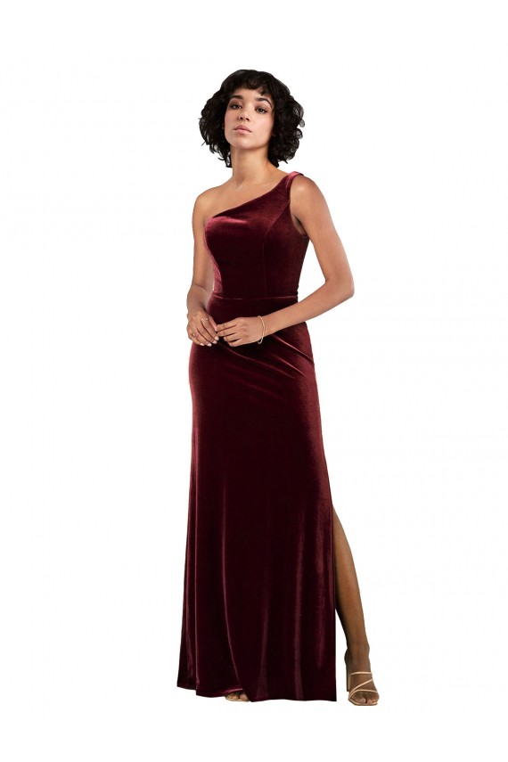 Bordeaux Colonne Velours Stretch Longue Formelles Robes demoiselle d'honneur / Robes de soirée / Robes de bal Prix Réduit
