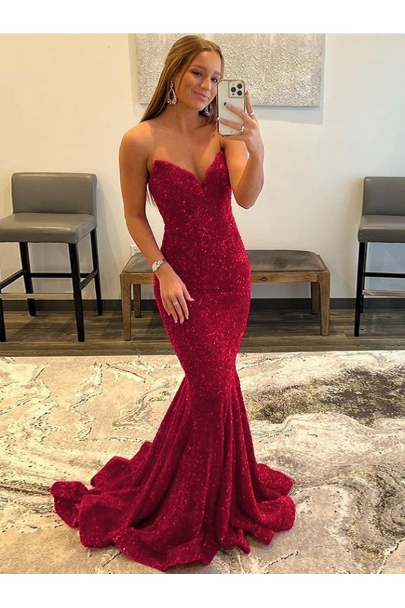 Bordeaux Fourreau Balayage train Paillettes Velours Longue Robes de bal Prix Réduit