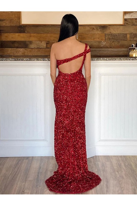 Bordeaux Fourreau Balayage train Paillettes Velours Longue Robes de bal Prix Réduit