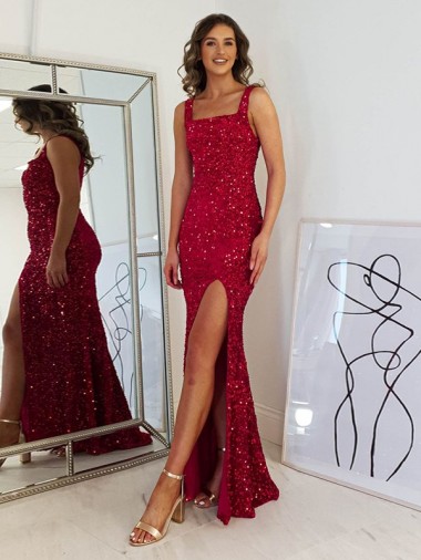 Bordeaux Fourreau Col Carré Paillettes Velours Longue Robes de bal Prix Réduit