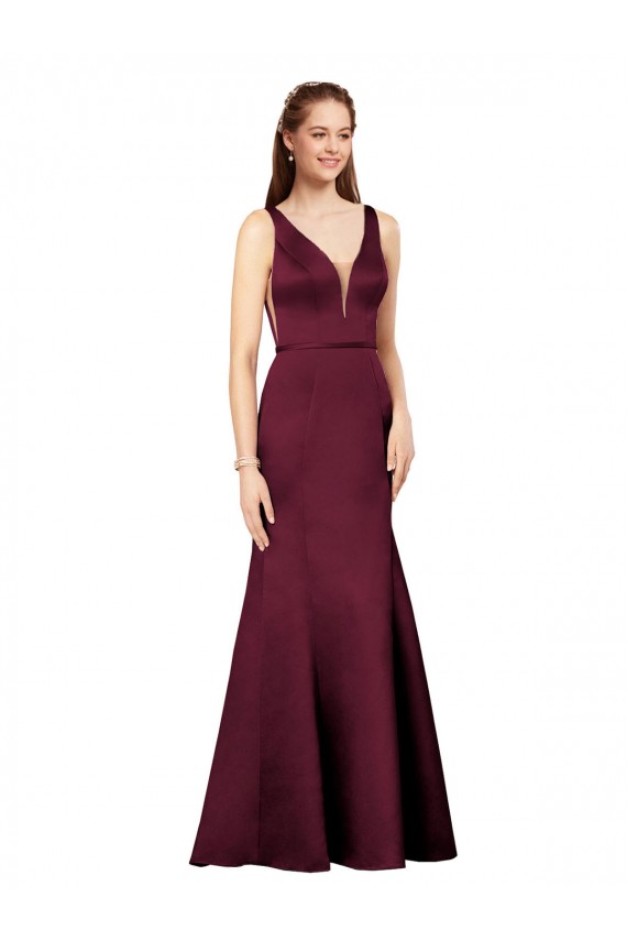Bordeaux Fourreau Col V Satiné Longue Formelles Robes demoiselle d'honneur / Robes de soirée / Robes de bal Prix Réduit