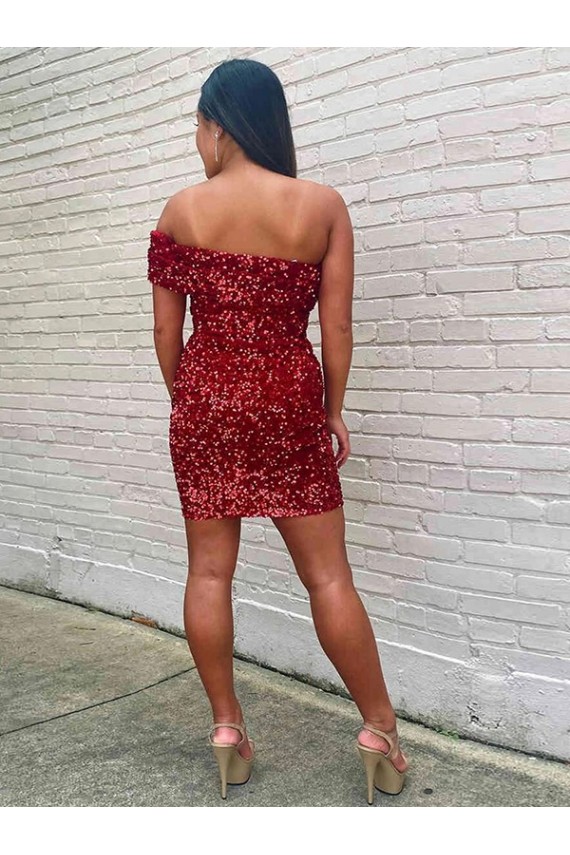 Bordeaux Fourreau Courte Paillettes Velours Courte Robes de bal Prix Réduit