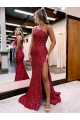 Bordeaux Sirène Balayage train Paillettes Velours Longue Robes de bal Prix Réduit