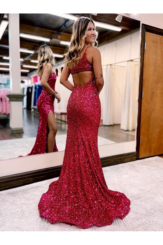 Bordeaux Sirène Balayage train Paillettes Velours Longue Robes de bal Prix Réduit