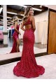 Bordeaux Sirène Balayage train Paillettes Velours Longue Robes de bal Prix Réduit