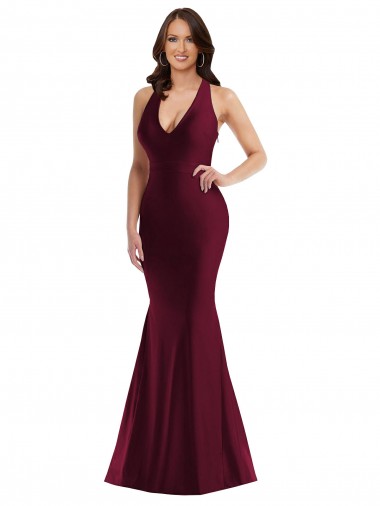 Bordeaux Sirène Col V Satiné Soyeux Longue Formelles Robes demoiselle d'honneur / Robes de soirée / Robes de bal Prix Réduit